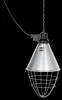 A hanging infrared heat lamp with a metal reflector and wire cage, isolated on a black background. Produktbild-Vorschau