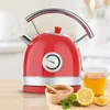 A red electric kettle with a thermometer is shown on a wooden surface, with a glass of tea, honey, lemon slices, and mint leaves. Produktbild-Vorschau