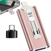 A rose gold USB stick with multiple connectors and a USB-C adapter is shown against a white background, with a laptop and phone in the background. Produktbild-Vorschau