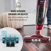 A red and black cordless vacuum cleaner is shown on a wooden floor, with an inset diagram illustrating its suction functionality. Text overlays highlight features. Produktbild-Vorschau