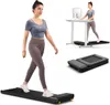 Collage of images showing a woman using a walking pad treadmill, another woman using a walking pad with a standing desk, and a folded walking pad. Produktbild-Vorschau