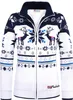 A white and navy blue knitted jacket with a reindeer and snowflake pattern, displayed front-on against a white background. Produktbild-Vorschau