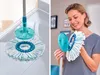 A split image showing a mop head on a tiled floor and a woman holding a mop head. Produktbild-Vorschau