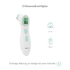A digital thermometer is shown next to icons representing body temperature and object temperature measurement, with accompanying text. Produktbild-Vorschau