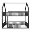 A black metal bunk bed with a house-shaped frame, a ladder, and safety rails. Produktbild-Vorschau