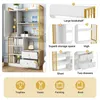 A collage of images showcasing a white bookshelf with gold accents, highlighting its features and storage capacity. Produktbild-Vorschau