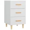 A white nightstand with three drawers and wooden handles, shown against a white background.