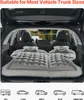 An inflatable mattress is set up in the trunk of a car, with a scenic view of a lake and trees visible through the car's windows. Below the car, there are icons representing different vehicle types. Náhled obrázku produktu