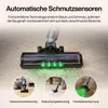 A vacuum cleaner head with green lights indicating dirt detection, shown with three circular insets demonstrating different cleaning scenarios. Produktbild-Vorschau