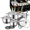 A set of stainless steel cookware is displayed on a white background, with the product packaging visible in the background. Voir les images du produit
