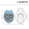 Diagrams and images of a toilet seat with dimensions and branding. Náhled obrázku produktu