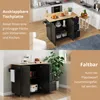 A kitchen island with an expandable countertop and storage, shown in two different configurations. The top image shows the island in a kitchen setting with an expandable top, while the bottom image shows it folded and closed. Voir les images du produit
