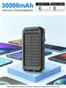 A solar power bank is displayed prominently in the center, surrounded by several smartphones. Produktbild-Vorschau