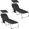Two black folding lounge chairs with canopies and side pockets are shown against a white background. Náhled obrázku produktu