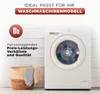 A washing machine is shown next to a laundry basket, with marketing text and icons. Produktbild-Vorschau
