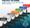 A row of colorful stools arranged diagonally, with text overlay. Produktbild-Vorschau