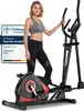 A woman is posing next to a Sportstech CX608 crosstrainer. There is a certification badge in the background. Produktbild-Vorschau