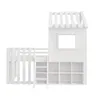 A white wooden house-shaped loft bed with a fence and a ladder, set against a white background. Náhľad obrázku produktu
