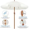 A white patio umbrella with fringe, shown with diagrams highlighting its features. Produktbild-Vorschau