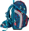 A side view of a blue backpack with a floral and star pattern. Voir les images du produit