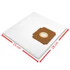 A white vacuum cleaner bag with a brown cardboard attachment is shown on a white background. Red arrows indicate the dimensions of the bag. Produktbild-Vorschau