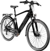 A black and gray electric trekking bicycle is shown against a white background. Produktbild-Vorschau