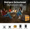 Two people are sitting in chairs outdoors next to a table with a generator and other camping equipment. Produktbild-Vorschau