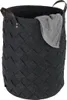 A dark gray woven laundry basket with brown leather handles, containing a folded gray towel. Produktbild-Vorschau