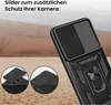 A black phone case with a camera slider and ring stand is shown in a desert-like environment. Produktbild-Vorschau