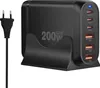 A black multi-port USB charger with a power cord and stand. Anteprima dell’immagine prodotto
