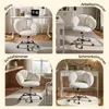 A collage of four images showing a white, fluffy office chair in different room settings: an office, a study, a bedroom, and a dressing room. Produktbild-Vorschau