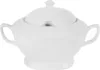 A white porcelain soup tureen with handles and a lid, shown from the front on a white background. Produktbild-Vorschau