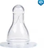 A close-up studio shot of a clear baby bottle nipple. Voir les images du produit