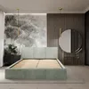 A bedroom scene featuring a bed, nightstand, and vanity with a mirror. Produktbild-Vorschau
