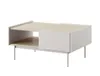 A modern coffee table with a light wood top and white cabinet on thin metal legs, isolated on a white background. Náhled obrázku produktu