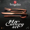 A set of rose gold cutlery is displayed on a dark, textured surface, with the brand name and product details overlaid. Produktbild-Vorschau