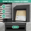 A black mailbox is shown with information about its size compatibility. The bottom of the image shows the mail slot dimensions. Produktbild-Vorschau