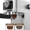 Close-up of a silver espresso machine with text overlays explaining its features. Náhled obrázku produktu