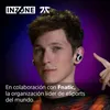 A man wearing earbuds, with logos and text overlay. Produktbild-Vorschau