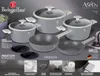 A collection of cookware items displayed on a gray background with marketing text and logos. Podgląd zdjęcia produktu