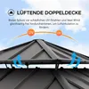 Close-up of a gazebo roof with text and graphics explaining its features. Produktbild-Vorschau