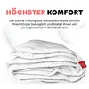A stack of folded white duvets with text overlay describing comfort. Produktbild-Vorschau