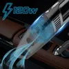 A handheld vacuum cleaner is shown in a car interior, with blue light effects indicating suction. Náhled obrázku produktu