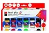 A product box containing multiple small bottles of fabric paint and a brush. Produktbild-Vorschau