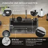 A kitchen sink with various accessories and options highlighted with text and circles. Produktbild-Vorschau