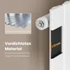 A close-up marketing image showing details of a white radiator, with an inset image of metal sheets and text highlighting material properties. Produktbild-Vorschau