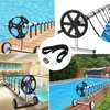 Collage of images showing pool cover reel accessories and their use in different pool settings. Produktbild-Vorschau