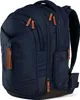A navy blue backpack with brown leather accents is shown from a side angle against a light gray background. Náhľad obrázku produktu