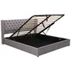 A grey upholstered bed frame with the storage mechanism lifted. Náhled obrázku produktu