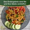 A plate of pasta with tomatoes and parsley, garnished with cucumber slices and tomato wedges, set against a light wooden background with a green text overlay at the top and a logo at the bottom left. Produktbild-Vorschau